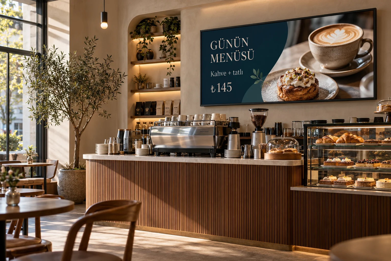 Kafede dijital menü kullanımını gösteren temsili sahne